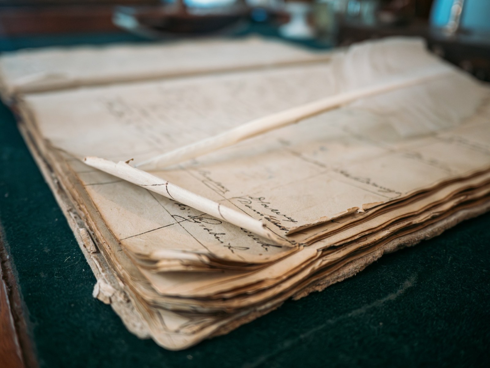 Registru vechi deschis, cu file îngălbenite, însemnări scrise de mână cu cerneală și o pană așezată deasupra.